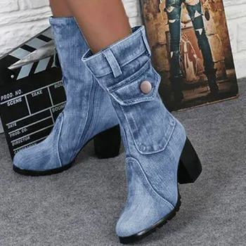 Blue jeans, botas de la Mujer, Mediados de subida Roma Sólido Slip-On Grueso Med Tacones Botas salvaje vintage de Gran Tamaño de zapatos de las Señoras