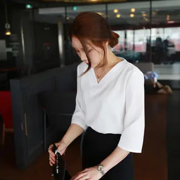 Blusa de Mujer Blanco Sexy Tops de Verano V-cuello de la Gasa de las Mujeres de la Oficina de Camisetas camiseta Camisas de Trabajo de la Ropa coreana Blanco Gris Rosa