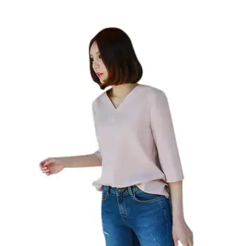Blusa de Mujer Blanco Sexy Tops de Verano V-cuello de la Gasa de las Mujeres de la Oficina de Camisetas camiseta Camisas de Trabajo de la Ropa coreana Blanco Gris Rosa