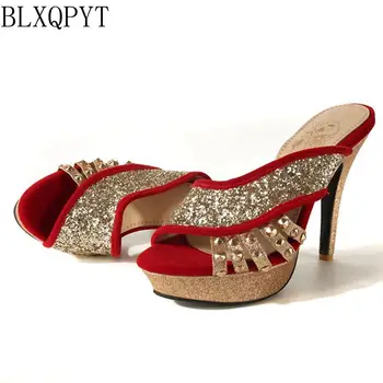 BLXQPYT Más Grande el tamaño de la 32-46 las mujeres de Verano Zapatillas Estilo de Sandalias de Moda Sexy peep toe zapatos de Tacón Alto de Fiesta de la Boda Zapatos de Mujer F13