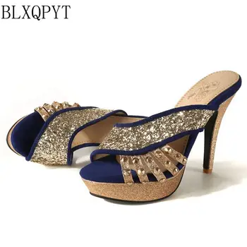BLXQPYT Más Grande el tamaño de la 32-46 las mujeres de Verano Zapatillas Estilo de Sandalias de Moda Sexy peep toe zapatos de Tacón Alto de Fiesta de la Boda Zapatos de Mujer F13