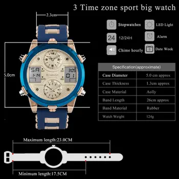 BOAMIGOMen Relojes parte Superior de la Marca de Lujo de 3 zona horaria masculino Impermeable de los Relojes del Deporte del Cronógrafo de Cuarzo Reloj de Pulsera de Relogio Masculino