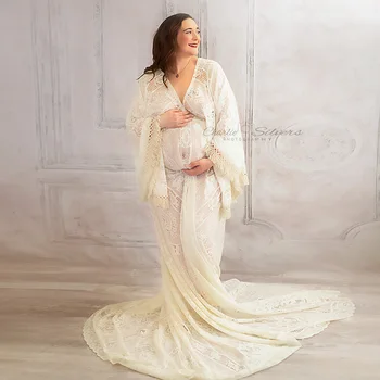 Bohemio Largo Mangas de Campana Vestido de Maternidad Embarazada Vestido de Encaje de la Túnica Kaftan de alta Costura para la Mujer de la Fotografía de la Proposición de la Ducha del Bebé Vestido de