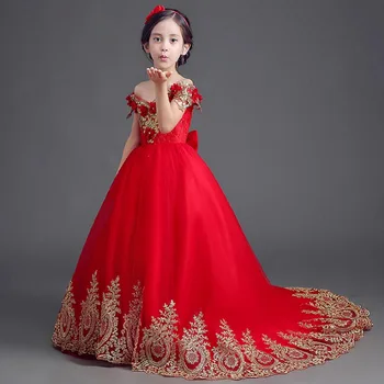 Bola exquisito Vestido Rojo Largo Trepadora de Flores Vestidos de Niña para Bodas niños Elegante Hilo de Oro de Cumpleaños Vestido de Concurso, Hecho a medida 15533