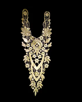 Bordado en oro Poliéster Apliques Parches de Flores con adornos de Encaje Escote de Cuello de Venise Tela de Costura DIY Craft