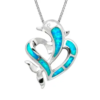 Caliente la Venta de la Plata Esterlina 925 Azul Ópalo de Fuego de los Delfines Colgante de Corazón de las Mujeres Collar Colgante De Regalo