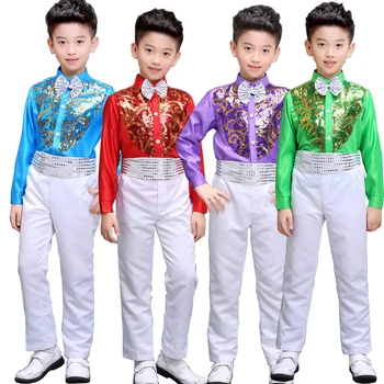 Camiseta+Pantalones+Correa+Corbata de pequeños de Niños con Lentejuelas fiesta de la Boda dancewear trajes de Colores ballrooom Stagewear baile de Trajes