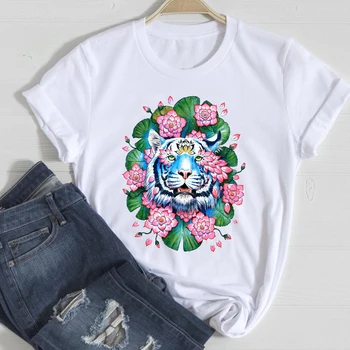 Camisetas de las Mujeres de Impresión de dibujos animados de Gato 2021 Casual Mascota Primavera Verano Ropa Gráfico de la parte Superior de la Camiseta de la Señora de Impresión Mujer Camiseta T-Shirt 6287