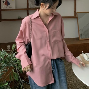 Camisetas de Mujer Pura Elegante Señora de la Oficina Simple Estilo coreano Ocio Blusas de Manga Larga para Mujer de Todos-partido Flojo Diario Delgada de Nuevo Chic