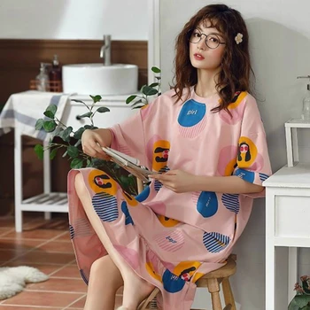 Camisones Mujer Mangas Cortas de Gran Tamaño 3XL Estilo coreano Casa de Desgaste Impreso ropa de dormir de Suelta Blanda Niñas Transpirable Simple Dulce