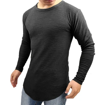 Casual de Manga Larga Camiseta de los Hombres de Algodón O-cuello Sólido Camiseta de Jacquard de Punto Redondo Dobladillo Tops