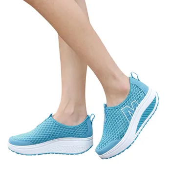 Casual Zapatos de Mujer de Malla de Cuña, Con Aumento de la Base de Zapatillas de deporte Sólido Mediados Talón, Dedo del pie Redondo de Gran Tamaño de la PU Zapatos Casual Mujer