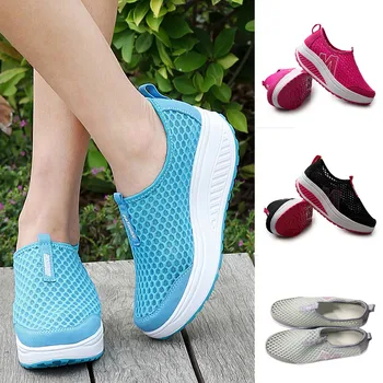 Casual Zapatos de Mujer de Malla de Cuña, Con Aumento de la Base de Zapatillas de deporte Sólido Mediados Talón, Dedo del pie Redondo de Gran Tamaño de la PU Zapatos Casual Mujer