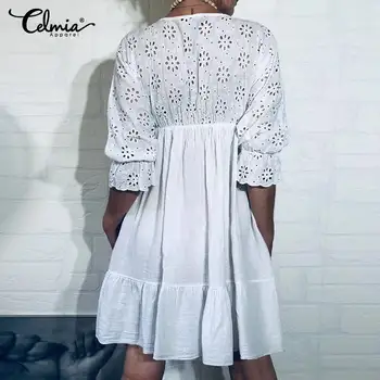 Celmia Sexy de Encaje Blanco Bordado de las Mujeres Mini Vestido de 2021 V cuello Manga Larga Hueco Fiesta de Plisado Vestidos Casual Suelto Vestido