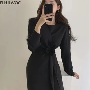 Chic Corea Fenimine Vestidos De Las Mujeres De La Moda De Encaje-Hasta El Moño Elegante Señora De La Oficina Largo Vestido Vintage 3550