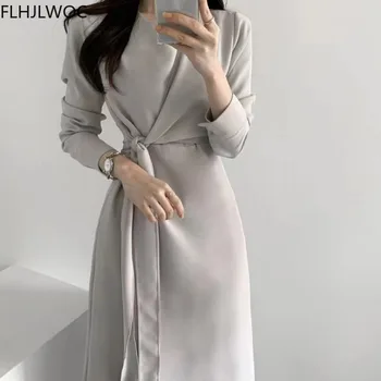 Chic Corea Fenimine Vestidos De Las Mujeres De La Moda De Encaje-Hasta El Moño Elegante Señora De La Oficina Largo Vestido Vintage