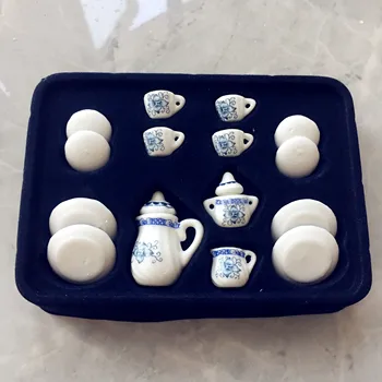 China de Cerámica de la casa de Muñecas en Miniatura de Porcelana Azul y Blanca de Comedor, Vajilla juego de Té Plato de la Copa de la Placa de la Casa de Muñecas, Accesorios de Cocina