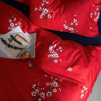 China roja flor del Ciruelo de Lujo de la Princesa juego de Sábanas de Algodón Egipcio, Edredón Cubierta de la Hoja de Cama Fundas de almohada Queen King Size 4pcs #un