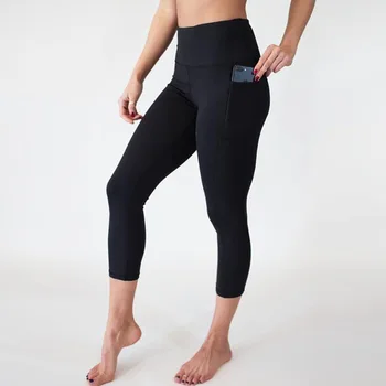 Cintura alta yoga recortada pantalones de color sólido bolsillo para el teléfono móvil de la mujer pantalón de yoga pantalones de fitness de mujeres Gimnasio Entrenamiento en el Pantalón 25608