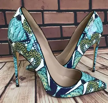 Clásicos de la marca de las mujeres de tacón alto zapatos de suela roja de 8 cm 10 cm 12 cm azul de piel de Serpiente patrón de la boda zapatos de fino tacón de punta 35-44 bolsa