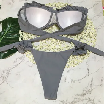 Collar De Push Up Bikini Set Alambres De Flor De Volantes Del Traje De Baño Para Las Mujeres Sexy Sólido Bandeau Mujer Traje De Baño De 2018 Verano Biquini