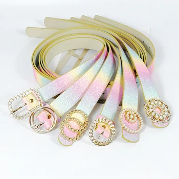Colorido brillante de los cinturones de mujeres arco iris de color de diamantes de imitación cinturón de gótico ceinture femme cinturón de perlas de la moda rosa correa de lujo 2020