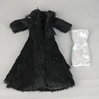 Conjunto De Invierno Super Pelo Largo Abrigo Negro Y Plateado Vestido Para Muñeca Barbie Ropa De Moda De La Parka Vestido De Traje De 1/6 De La Muñeca Accesorios
