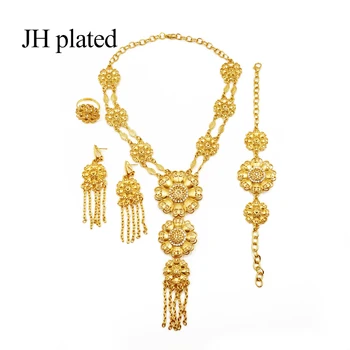 Conjuntos de joyas nuevo collar de oro aretes de dubai Índico africano de novia de flores de la joyería conjuntos de collar de la conjunto de regalos para las mujeres collares