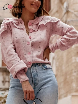 Conmoto vintage de lana suelta corta chaqueta de punto las Mujeres de manga larga de hombro con volantes cárdigan Básico rosada otoño suéteres de 2020