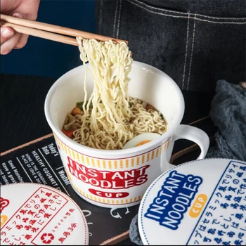 Creativa Japonesa Grande De Fideos Instantáneos Tazón De Cuencos De Cerámica Con Tapa Tazón Tazón De Cereal Noodle Bowl Dormitorio De Los Estudiantes Bowl