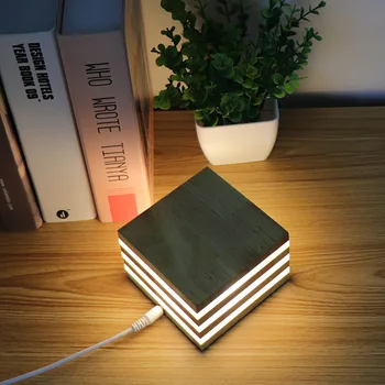 Creativo de madera maciza de Noche LED Luz extraña escritorio de madera cuadrado de la lámpara de carga USB dormitorio lámpara de la mesita