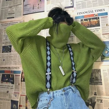 Cuello Suéteres de las Mujeres BF de Estilo Elegante de gran tamaño de color Verde Fresco del Invierno Femme Jersey Simple Dulce Pura Harajuku Ins Adolescentes Suéter