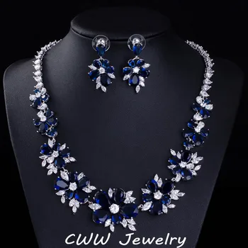 CWWZircons Azul CZ de la Joyería Nupcial Gran Cubic Zirconia Piedra de Flores de la Boda Gargantilla Collar Aretes Conjuntos Para las Mujeres T153