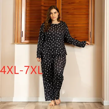 Damas de otoño invierno plus tamaño pijama conjunto de las mujeres de casa de desgaste traje de manga larga de impresión negro T-shirt y pantalones 4XL 5XL 6XL 7XL
