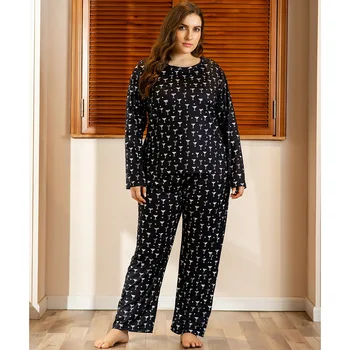 Damas de otoño invierno plus tamaño pijama conjunto de las mujeres de casa de desgaste traje de manga larga de impresión negro T-shirt y pantalones 4XL 5XL 6XL 7XL