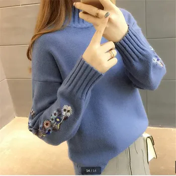 De alta calidad de las mujeres de la moda de 2018 Cuello alto suéter de las mujeres top de mujer de manga larga caliente suéteres Bordados de Punto de jersey B3965