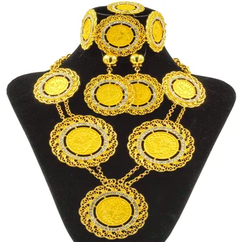 De alta Calidad de Oro de Dubai Conjuntos de Joyas para las Mujeres de la Vendimia de la Boda de la Moneda de Oro Grandes Aretes Collar de Cristal De 24 de Oro de la Joyería Nupcial