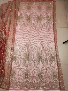 De color oro glitter rojo malla especial de la mano de impresión pegado brillo de la tela de encaje bordado del cordón para el vestido de noche