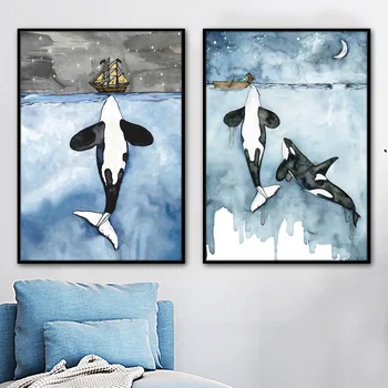 De Dibujos Animados Azul Tiburón Ballena Barco Arte De La Pared De La Lona De Pintura Nórdica Posters Y Impresiones De Imágenes De La Pared Para Vivir Decoración De La Habitación 8618