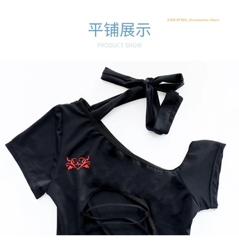 De Estilo japonés Lolita Hueco Sukumizu Impresión Halter de Encaje de los trajes de baño Ropa interior Sexy de las Mujeres de Una sola Pieza de Pijamas Traje de baño