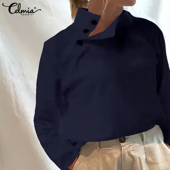 De las mujeres Camisas de Algodón Celmia 2021 Primavera Blusas de Manga Larga Botones Casual Suelto Sólido Blusas de Moda Vintage de Ropa Tops 5XL