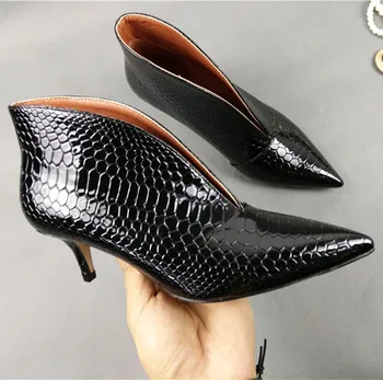 De las mujeres de las Bombas Elegante Punta del Dedo del pie de la Oficina de Damas Tacones de aguja Bombas de Zapatos de Mujer de la Serpiente de Cuero de Patente V Boca de Mujer de Tacón Alto de los Zapatos de