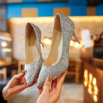 De las nuevas mujeres de los zapatos de 8cm de lentejuelas puntiagudos tacones de aguja de poca profundidad de la boca sexy de plata en el trabajo profesional de los zapatos