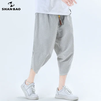 De los hombres casual suelto rayas recortada pantalones de verano de 2020 personalidad con cuentas cintura elástica estilo Chino de algodón de lino pantalones casuales