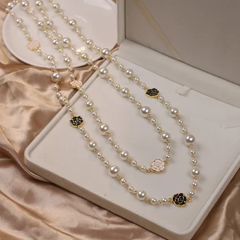 De lujo de la Camelia Multicapa Largo Collar de Perlas de la Marca de Diseño de Rosa Flor Suéter Cadena Collar de Mujer 17366