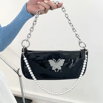 De lujo Diseñador Crossbody Bolsos de las Señoras del Diamante de la Mariposa de la Perla de la Cadena de las Mujeres de la Moda Bolsas de Hombro Bolso Baguette de Bolsos
