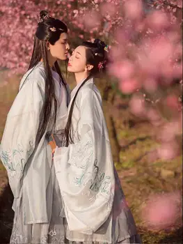 De lujo Hanfu Hombres y Mujeres Chinos Tradicionales de Bordado Gris Blanco Hanfu Parejas Traje de Cosplay Hanfu Para las Mujeres y los Hombres Más Tamaño XL