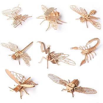 De madera del rompecabezas 3D del edificio modelo de juguete de madera de los insectos de los animales de la cigarra mantis Mariquita escorpión saltamontes libélula mariposa de abeja 1pc