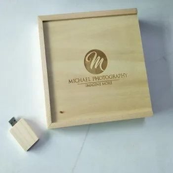 De madera USB 2.0 Flash Drive - Personalizado DIY LOGOTIPO de Arce Foto de la Caja con la Paja en el interior. Contiene Fotografías 4x6