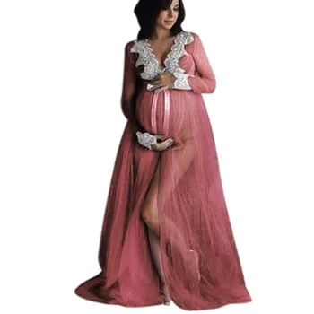 De moda de Malla de Encaje abertura Frontal de la Maternidad Fregar el Largo de la Falda Caliente Sexy de Encaje de Fiesta Vestido de Noche de la Foto-sólo Vestido de 2020#LR2